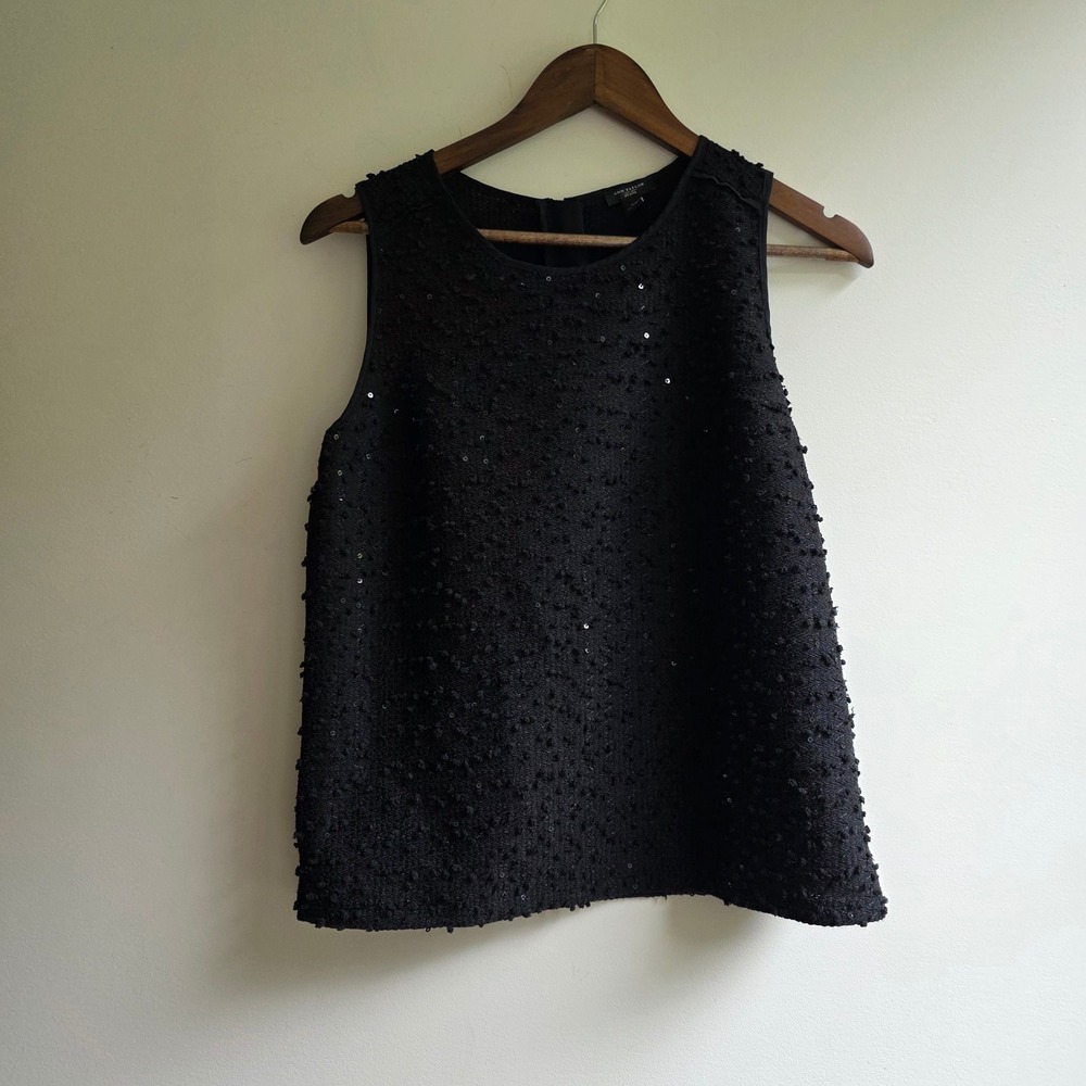 Ann Taylor Petite SP Black Sequin Textured Sleeveless Shell Top Back Zip Indie